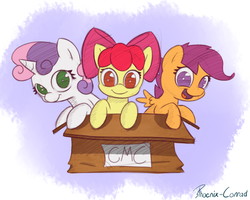Size: 1000x800 | Tagged: safe, artist:phoenix-conrad, apple bloom, scootaloo, sweetie belle, earth pony, pegasus, pony, unicorn, g4, abstract background, apple bloom's bow, bow, box, cardboard box, cute, cutie mark crusaders, daaaaaaaaaaaw, female, filly, foal, hair bow, looking at you, open mouth, pony in a box, signature, spread wings, wings