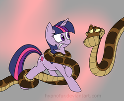 Size: 900x733 | Tagged: safe, artist:hypnofur, twilight sparkle, pony, snake, unicorn, g4, coils, crossover, imminent vore, kaa, ophidiophobia, peril, the jungle book
