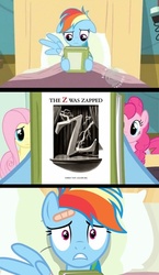 Size: 580x1000 | Tagged: safe, fluttershy, pinkie pie, rainbow dash, g4, book, reading rainbow