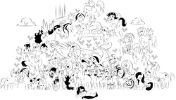 Size: 7854x4488 | Tagged: safe, artist:taekwon-magic, angel bunny, princess celestia, oc, alicorn, parasprite, pegasus, pony, unicorn, g4, absurd resolution, female, flying, group, lineart, male, mare, monochrome, simple background, stallion, white background