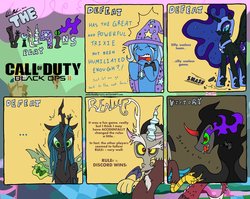 Size: 1003x797 | Tagged: safe, artist:redapropos, discord, king sombra, nightmare moon, queen chrysalis, trixie, alicorn, changeling, changeling queen, draconequus, pony, umbrum, unicorn, g4, call of duty, call of duty: black ops 2, crying, female, male, mare
