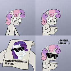 Size: 2000x2000 | Tagged: safe, rarity, sweetie belle, g4, corey hart, exploitable meme, meme, song reference, sunglasses, sunglasses at night, sweetie's note meme