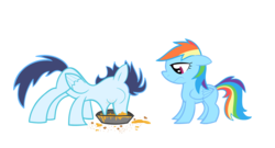 Size: 1108x600 | Tagged: safe, artist:rebron-y, artist:thunderelemental, rainbow dash, soarin', pegasus, pony, g4, duo, eating, female, herbivore, male, messy eating, pie, ship:soarindash, shipping, simple background, straight, that pony sure does love pies, transparent background, upset, vector