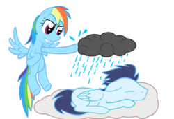 Size: 802x551 | Tagged: safe, artist:rebron-y, artist:thunderelemental, rainbow dash, soarin', pegasus, pony, g4, duo, female, male, prank, ship:soarindash, shipping, simple background, sleeping, stormcloud, straight, this will end in tears, transparent background, vector