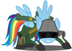 Size: 1498x1054 | Tagged: safe, artist:totallynotabronyfim, rainbow dash, pegasus, pony, g4, bomb, boots, clothes, commando, female, gun, helmet, holster, mare, military, minigun, missile, one-pony army, pistol, rocket, simple background, solo, transparent background, uniform, vector, visor