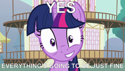 Size: 1280x720 | Tagged: safe, edit, edited screencap, screencap, twilight sparkle, pony, unicorn, g4, magical mystery cure, my little pony: friendship is magic, arial, bust, female, image macro, inverted mouth, mare, text, town hall, unicorn twilight