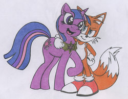 Size: 1015x788 | Tagged: safe, artist:spectrum-sparkle, twilight sparkle, fox, pony, unicorn, anthro, plantigrade anthro, g4, anthro with ponies, crossover, element of magic, male, miles "tails" prower, sonic the hedgehog (series), traditional art, twitails, unicorn twilight