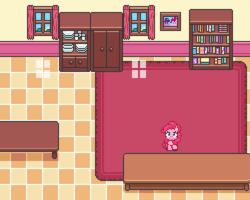 Size: 500x400 | Tagged: safe, artist:ponett, pinkie pie, twilight sparkle, super lesbian horse rpg, g4, bookshelf, checkered floor, female, framed picture, mare, pixel art, video game, window