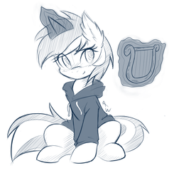 Size: 1609x1645 | Tagged: safe, artist:ambris, lyra heartstrings, pony, unicorn, fanfic:background pony, g4, clothes, ear fluff, female, hoodie, lyre, magic, monochrome, musical instrument, simple background, sketch, smiling, solo, telekinesis, white background