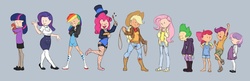 Size: 2484x800 | Tagged: safe, artist:carnifex, apple bloom, applejack, fluttershy, pinkie pie, rainbow dash, rarity, scootaloo, spike, sweetie belle, twilight sparkle, human, g4, boots, clothes, dress, hat, humanized, line-up, mane seven, mane six, pants, shoes, skinny, skirt, sweater, sweatershy, thin