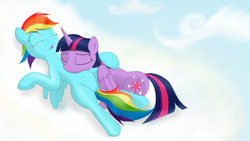 Size: 1366x768 | Tagged: safe, artist:simeonleonard, rainbow dash, twilight sparkle, alicorn, pony, g4, belly button, cloud, cuddling, female, mare, ship:twidash, shipping, sky, sleeping, snuggling, twilight sparkle (alicorn)