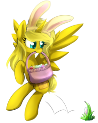 Size: 769x960 | Tagged: artist needed, safe, oc, oc only, oc:ticket, alicorn, pony, alicorn oc, bunny ears, easter, easter basket, easter egg, simple background, solo, transparent background