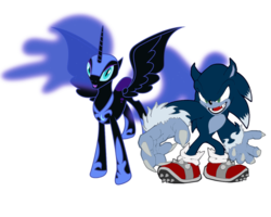 Size: 999x799 | Tagged: safe, artist:snicket324, nightmare moon, alicorn, pony, g4, crossover, duo, male, simple background, sonic the hedgehog, sonic the hedgehog (series), sonic the werehog, transparent background, vector