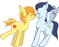 Size: 787x634 | Tagged: safe, artist:legalese, braeburn, soarin', earth pony, pegasus, pony, g4, :t, blush sticker, blushing, boop, braebetes, cute, eyes closed, floppy ears, gay, male, noseboop, nuzzling, raised leg, ship:soarburn, shipping, simple background, smiling, soarinbetes, spread wings, stallion, transparent background, wings