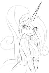 Size: 833x1225 | Tagged: source needed, safe, artist:zev, princess cadance, anthro, hoofbeat 2, g4, breasts, busty princess cadance, female, grayscale, monochrome, necktie, solo, sweater