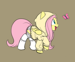 Size: 1210x996 | Tagged: source needed, safe, artist:carnifex, fluttershy, butterfly, g4, clothes, cropped, cute, female, frilly underwear, hoodie, panties, shyabetes, socks, solo, underwear, white underwear