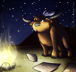 Size: 1000x948 | Tagged: safe, artist:aeritus, bison, buffalo, 30 minute art challenge, astronomy, campfire, feather, fire, horn, long horn, night, orion (constellation), stars