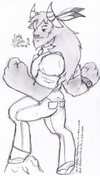Size: 445x783 | Tagged: dead source, safe, artist:evangle, oc, oc only, oc:cody bison, bison, buffalo, anthro, unguligrade anthro, 30 minute art challenge, buffalo oc, clothes, feather, grayscale, jeans, monochrome, pants, shirt, sketch, solo, watch, wristwatch