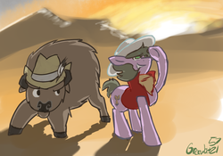 Size: 1000x700 | Tagged: safe, artist:greenbit5721, oc, oc only, oc:briggs button quarters, oc:razor hazel, bison, buffalo, earth pony, pony, 30 minute art challenge, barber, buffalo oc, cowboy, cowboy hat, desert, earth pony oc, feather, hat, pony oc, sunset