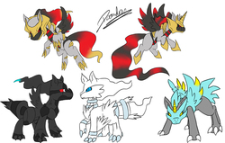 Size: 1100x700 | Tagged: safe, artist:doomdrao, giratina, kyurem, reshiram, zekrom, pokémon, ponified