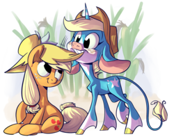 Size: 1000x789 | Tagged: safe, artist:php27, applejack, g4, accessory swap, applejack's hat, billie, cloven hooves, cowboy hat, duo, hat, looking at someone, no iris, raised hoof, simple background, sitting, standing, transparent background
