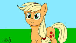 Size: 1280x720 | Tagged: safe, artist:jbond, applejack, earth pony, pony, g4, female, mare, missing accessory, signature, smiling, solo