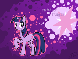 Size: 1024x768 | Tagged: safe, artist:repoisn, twilight sparkle, pony, unicorn, g4, cutie mark, female, mare, raised hoof, smiling, solo, unicorn twilight