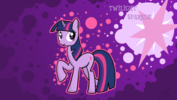 Size: 1600x900 | Tagged: safe, artist:repoisn, twilight sparkle, pony, unicorn, g4, abstract background, closed mouth, cutie mark, eyes open, full body, raised hoof, solo, standing, unicorn twilight, wallpaper