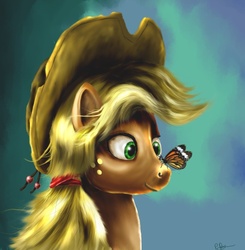 Size: 864x883 | Tagged: safe, artist:reillyington86, applejack, butterfly, g4