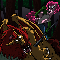 Size: 1500x1500 | Tagged: safe, artist:sawhorse, manny roar, pinkie pie, oc, oc:anon, human, manticore, g4, drawfag