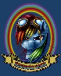 Size: 576x720 | Tagged: safe, artist:reillyington86, rainbow dash, g4, banner, blue background, bust, goggles, grin, portrait, simple background, smiling, solo