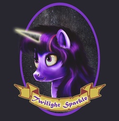 Size: 670x681 | Tagged: safe, artist:reillyington86, twilight sparkle, g4, banner, bust, glowing, glowing horn, gray background, horn, magic, portrait, simple background, solo