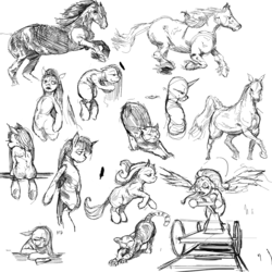 Size: 2000x2000 | Tagged: safe, artist:kvernikovskiy, cat, horse, pony, bipedal, sketch dump