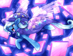 Size: 1150x887 | Tagged: safe, artist:fizzy-dog, trixie, pony, unicorn, g4, action pose, artificial wings, augmented, female, magic, magic wings, mare, solo, wings