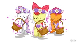 Size: 2560x1440 | Tagged: safe, artist:mysticalpha, apple bloom, scootaloo, sweetie belle, earth pony, pegasus, pony, unicorn, g4, basket, clothes, cutie mark crusaders, dress, eyes closed, female, filly, floral head wreath, flower, flower filly, flower girl, mouth hold, petals, wallpaper, wedding