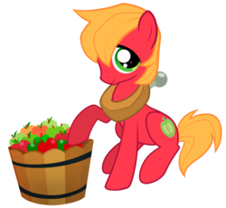 Size: 1688x1556 | Tagged: safe, artist:sakuyamon, big macintosh, earth pony, pony, g4, apple, bucket, colt, cute, looking at you, macabetes, male, stallion, younger