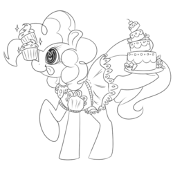 Size: 500x500 | Tagged: safe, artist:ponycide, pinkie pie, g4, balance, balancing, cake, clothes, cupcake, dress, food, heart eyes, lineart, ponies balancing stuff on their nose, wingding eyes