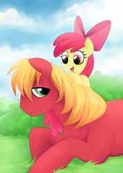 Size: 700x989 | Tagged: safe, artist:peachiekeenie, apple bloom, big macintosh, earth pony, pony, g4, adorabloom, brother and sister, cute, female, filly, macabetes, male, missing accessory, open mouth, prone, siblings, stallion