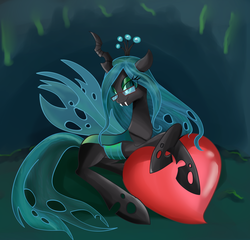 Size: 4755x4566 | Tagged: safe, artist:pridark, queen chrysalis, changeling, changeling queen, g4, absurd resolution, crown, fangs, female, glasses, heart, jewelry, regalia, solo