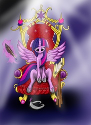 Size: 1700x2317 | Tagged: safe, artist:oneofhumbers, twilight sparkle, alicorn, pony, g4, alone, crown, magic, pen, sad, scroll, throne, twilight sparkle (alicorn)