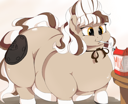Size: 1200x975 | Tagged: safe, artist:sirmasterdufel, oc, oc only, oc:double stuf, food pony, original species, drinking, fat, impossibly large butt, milk, morbidly obese, obese, oreo, solo, straw