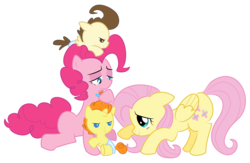 Size: 3000x1959 | Tagged: safe, artist:ciudadmagica, fluttershy, pinkie pie, pound cake, pumpkin cake, earth pony, pegasus, pony, unicorn, g4, baby, baby pony, ship:flutterpie, shipping, simple background, transparent background, vector