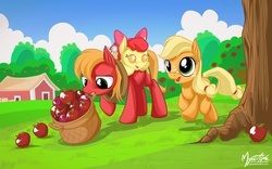 Size: 2560x1600 | Tagged: safe, artist:mysticalpha, apple bloom, applejack, big macintosh, earth pony, pony, g4, apple siblings, baby, baby apple bloom, baby pony, colt, filly, foal, wallpaper