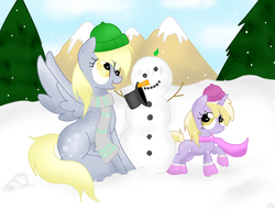 Size: 1988x1516 | Tagged: safe, artist:louderspeakers, derpy hooves, dinky hooves, pegasus, pony, g4, clothes, equestria's best mother, female, hat, mare, scarf, snow, snowfall, snowman