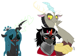 Size: 843x614 | Tagged: safe, artist:loveponies89, discord, king sombra, queen chrysalis, g4, blushing, female, male, ship:chrysombra, shipper on deck, shipping, straight, wingman