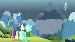 Size: 1920x1080 | Tagged: safe, artist:adcoon, bon bon, lyra heartstrings, rainbow dash, sweetie drops, earth pony, pegasus, pony, unicorn, fanfic:uniformity, g4, adventure, fanfic, fanfic art, fanfic cover, flying, goggles, mountain, saddle bag, scenery, show accurate, snow, trio, wallpaper, wonderbolts uniform