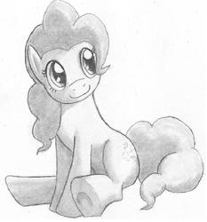 Size: 613x658 | Tagged: safe, artist:dj-black-n-white, pinkie pie, g4, female, grayscale, monochrome, simple background, sitting, smiling, solo, traditional art