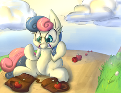 Size: 3300x2550 | Tagged: safe, artist:leadhooves, bon bon, sweetie drops, g4, angry, apple, bag, bon bon is not amused, female, high res, i didn't put those in my bag, saddle bag, solo