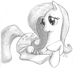 Size: 1500x1391 | Tagged: safe, artist:dj-black-n-white, angel bunny, fluttershy, g4, eyes closed, leaning, monochrome, prone, simple background, sleeping, smiling, traditional art, white background