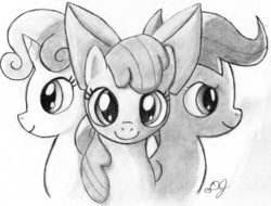 Size: 1500x1142 | Tagged: safe, artist:dj-black-n-white, apple bloom, scootaloo, sweetie belle, g4, cutie mark crusaders, monochrome, traditional art